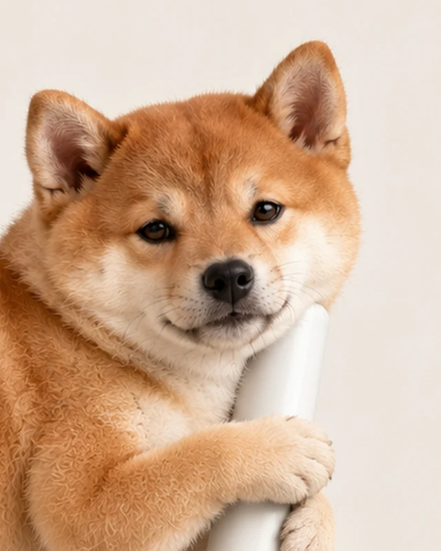 close-up of the shiba resting his chin on the top of the baton with a small satisfied smile