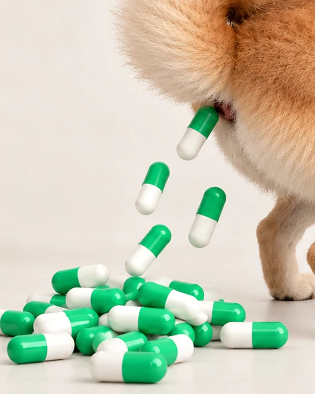 green and white pills falling in a neat line into a growing pile on the floor behind the dog