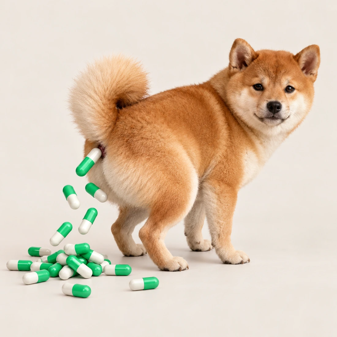 the same shiba a second later with no baton at all, looking back over his shoulder at a larger pile of pills